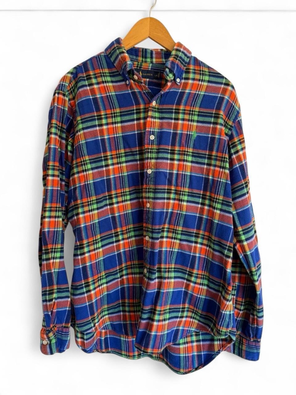 Polo Ralph Lauren Plaid Flannel Shirt Men L Large Multicolor Blue Orange Casual
